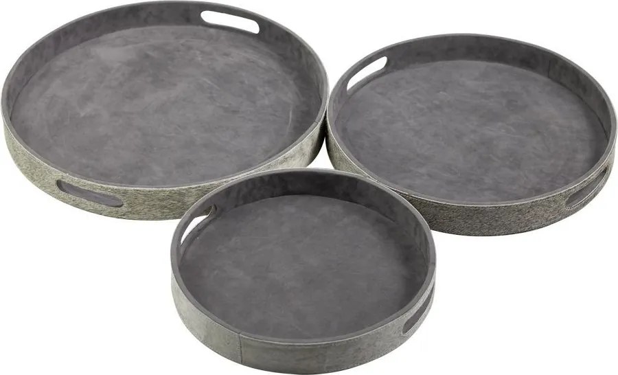 Sada 3ks servírovacie podnosy s hovädzou kožou šedá - Ø 46 * 5cm / Ø 40 * 5cm / Ø33 * 5cm