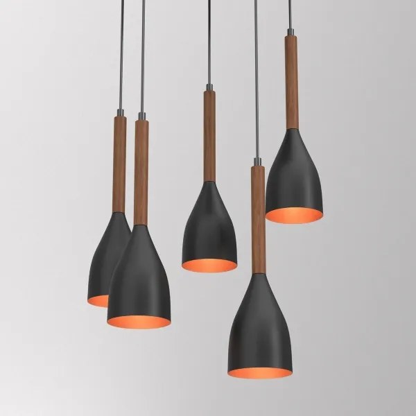 Luster na lanku MUZA 5xE27/15W/230V čierna/hnedá/medená/buk