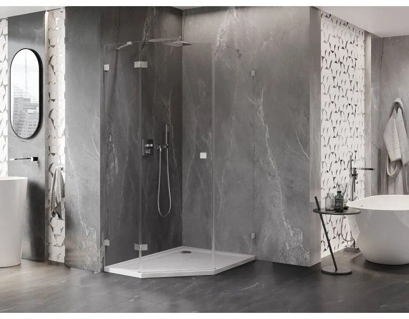 Mexen Lunar, päťuholníkový sprchový kút naklápací doľava 90 x 100 cm, 8mm číre sklo, oceľový profil, 831-090L-100P-97-00-L