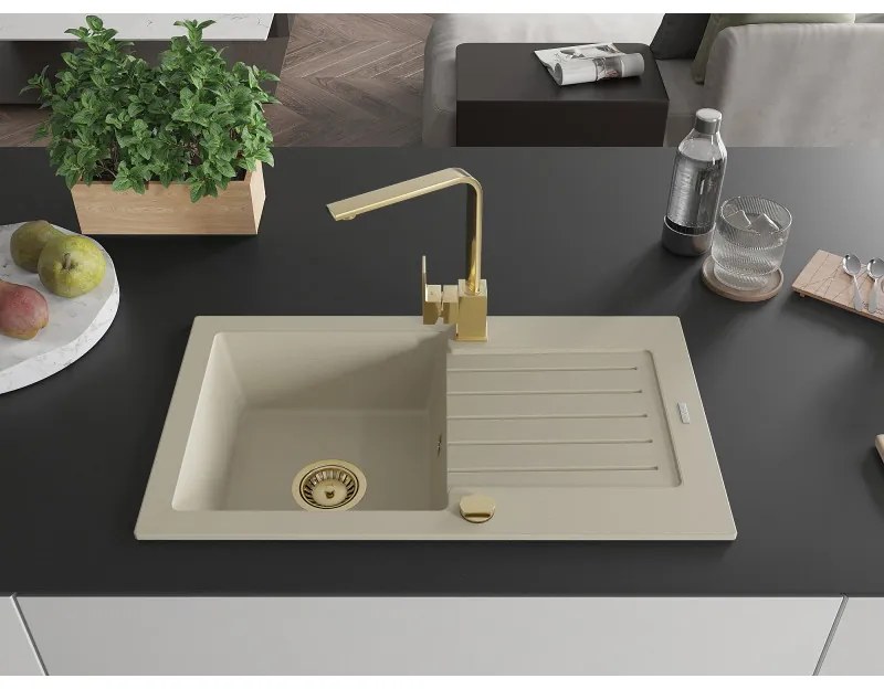 Mexen Pablo, granitový drez 752x436x161 mm, 1-komorový a zlatá batéria Rita, béžová, 6510-69-670300-50