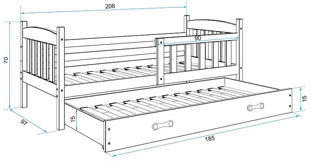 Detská posteľ KUBUS s výsuvnou posteľou 90x200 cm - borovica Ružová