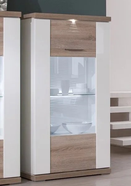 Vitrína Caracas typ 28, dub / biely lesk, s osvetlením