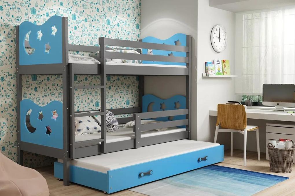 Poschodová posteľ s prístelkou MAX - 200x90cm (Hviezda) Grafitová - Modrá |  BIANO