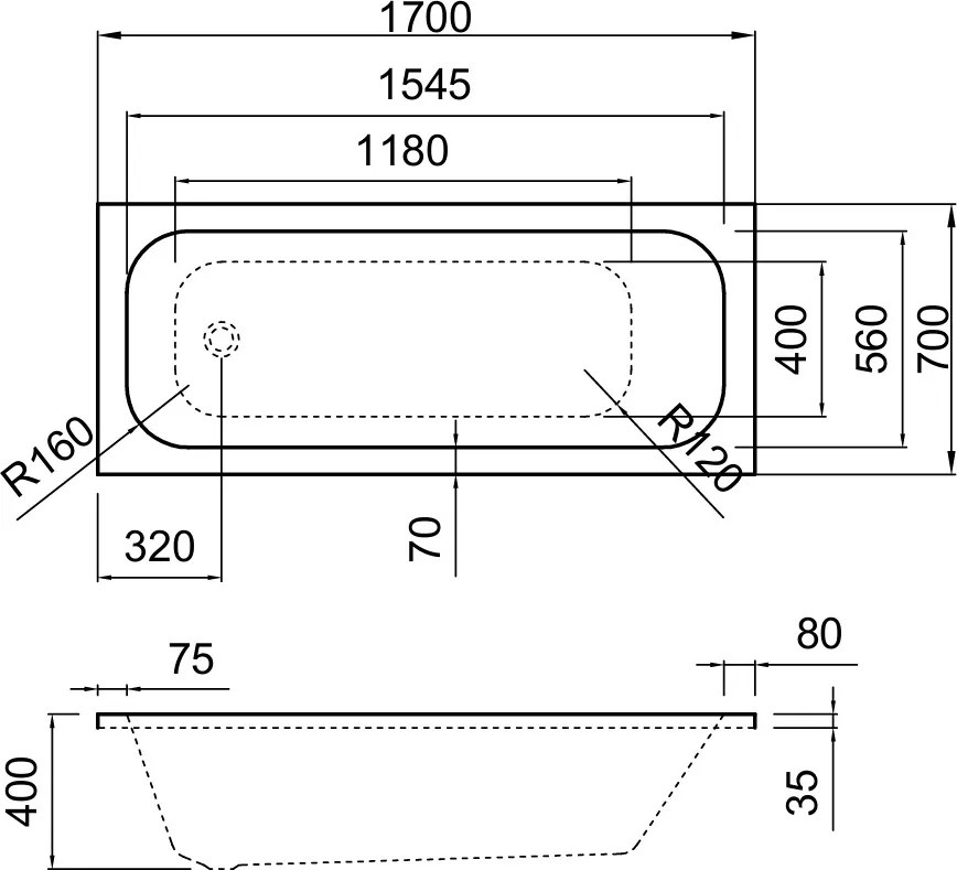 Erga Pureline-O, vaňa 1700x700x400 mm bez nožičiek, biela lesklá, ERG-V07-PURELINE-O-170x070-WH