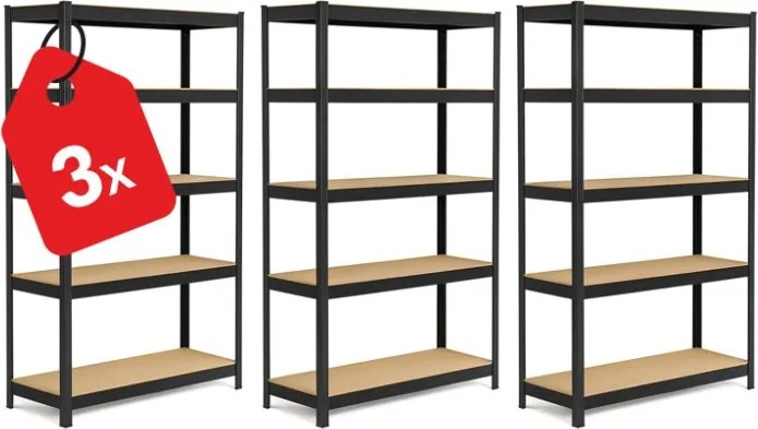 Akcia 3x Regál 180x90x40 cm lakovaný 5-policový, nosnosť 875 kg - čierny