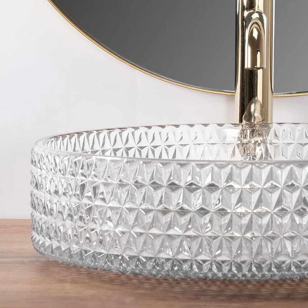 Rea Cristal, sklenené umývadlo na dosku 390x390x95 mm, číra-zlatá matná, REA-U8881