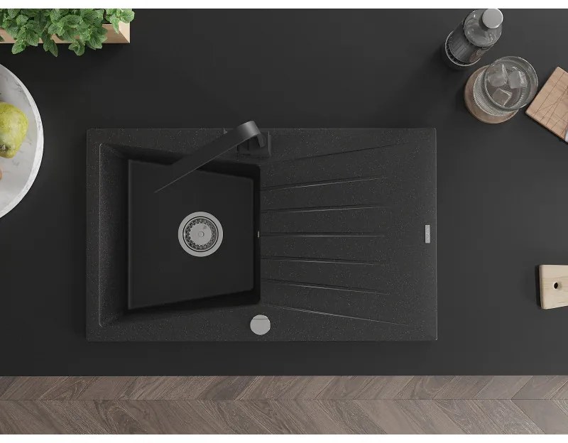 Mexen Cesar, granitový drez 775x470x190 mm, 1-komorový, čierna-strieborná metalíza s chrómovým sifónom a čierna drezová batéria Rita, 6514-73-670300-70