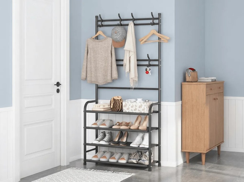 Vešiak s botníkom CLOTHORY 80x152 cm, čierny