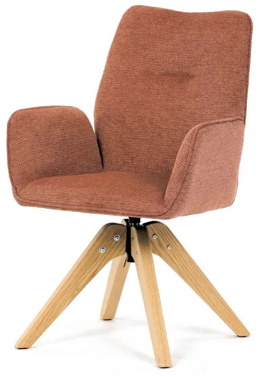 Židle jídelní s područkami, oranžová voděodpudivá látka, dubové nohy, otočná 360°