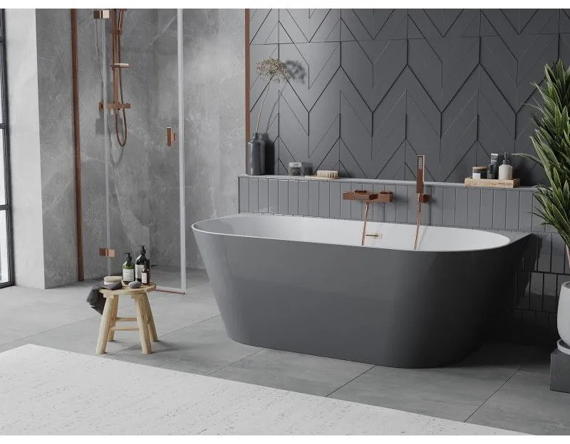 Mexen Oval Slim, voľne stojaca vaňa ku stene, 170 x 80 cm, biela-šedá, medený matný prepad, 52661708062-65