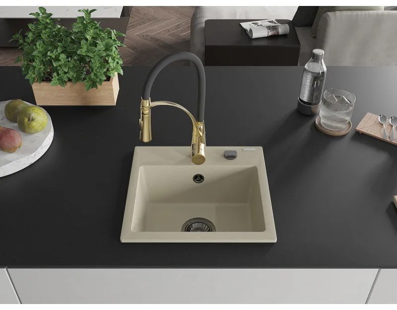Mexen Milo, 1-komorový granitový drez 435x410x171 mm a drezová batéria Aster, béžová, 6505-69-73450-57-B