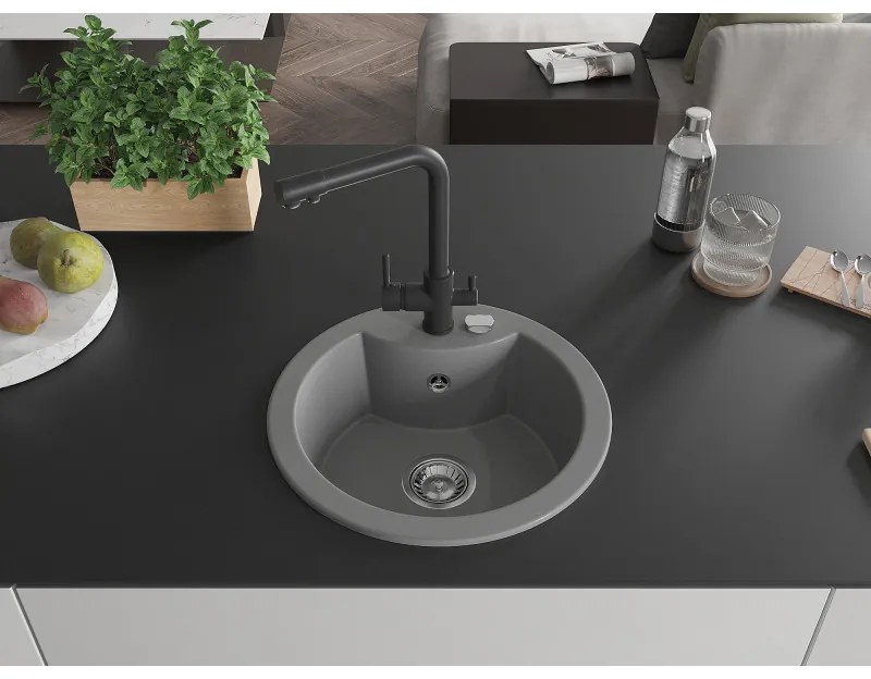 Mexen Diego, 1-komorový granitový drez 488x488x167 mm, čierna batéria Duero, šedá, 6512-71-671600-70