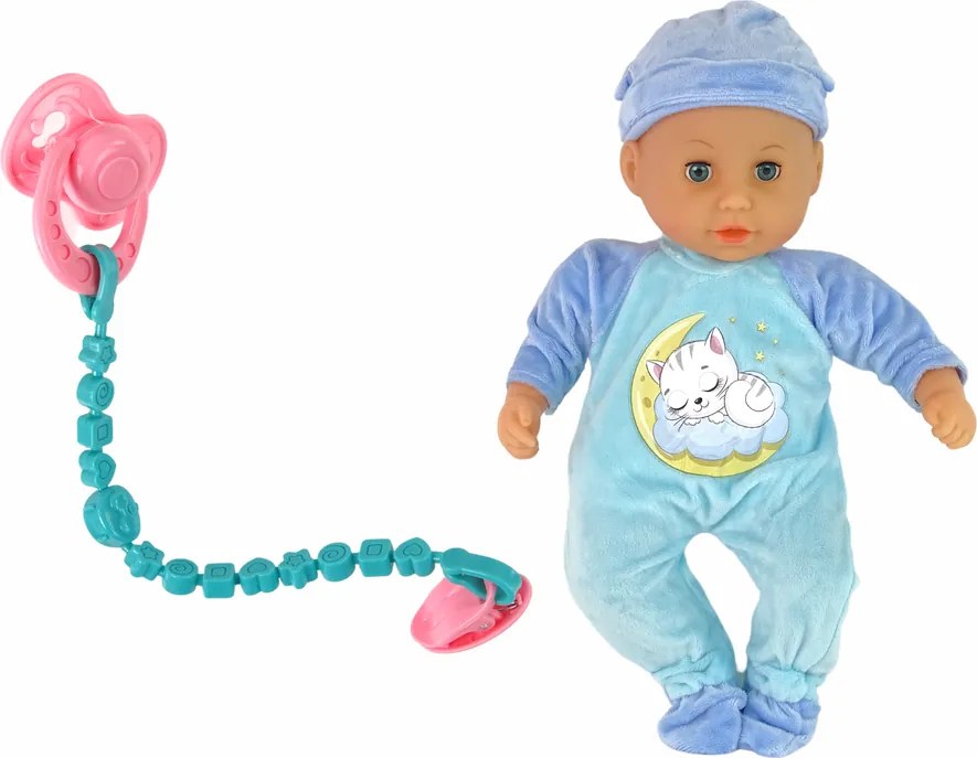 LEAN Toys Bábika bábätko so zvukmi, cumlík a podbradník, mačacie pyžamo modrá