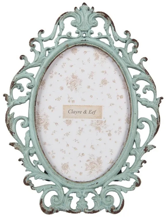 Zelený antik kovový oválny fotorámik so zdobením - 14*2*18 cm / 9*13 cm