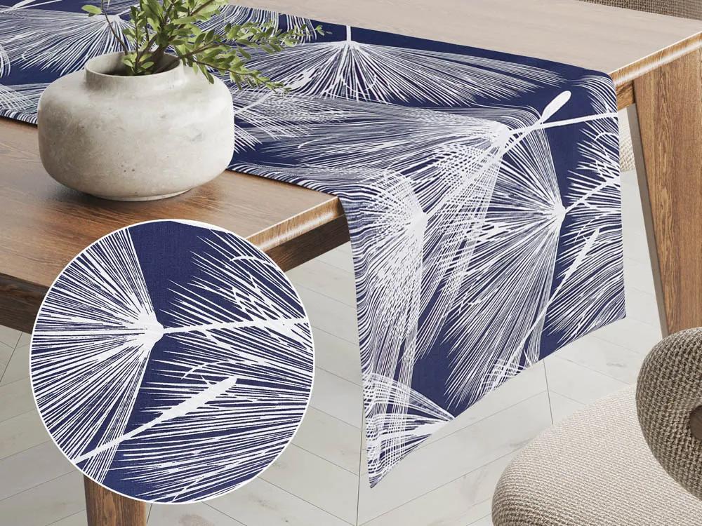 Biante Bavlnený behúň na stôl Sandra SA-414 Biele abstraktné páperie na modrom 20x160 cm