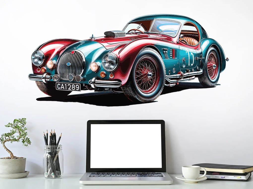 Závodné auto veterán textilní prelepiteľná nálepka na stenu hárok 47 x 22 cm