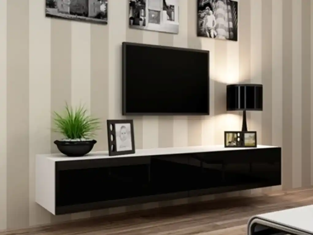TV stolík na stenu Vigo 180 - biela / čierny lesk | BIANO
