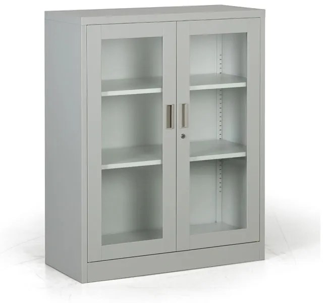Kovová policová skriňa s presklenými dverami, demontovaná, 900 x 1150 x 400 mm