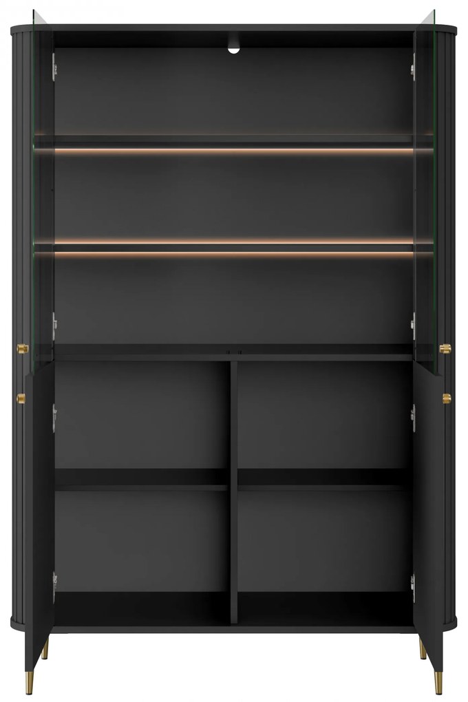 Vitrína Vesper 103 cm štvordverová - čierna / zlaté nohy