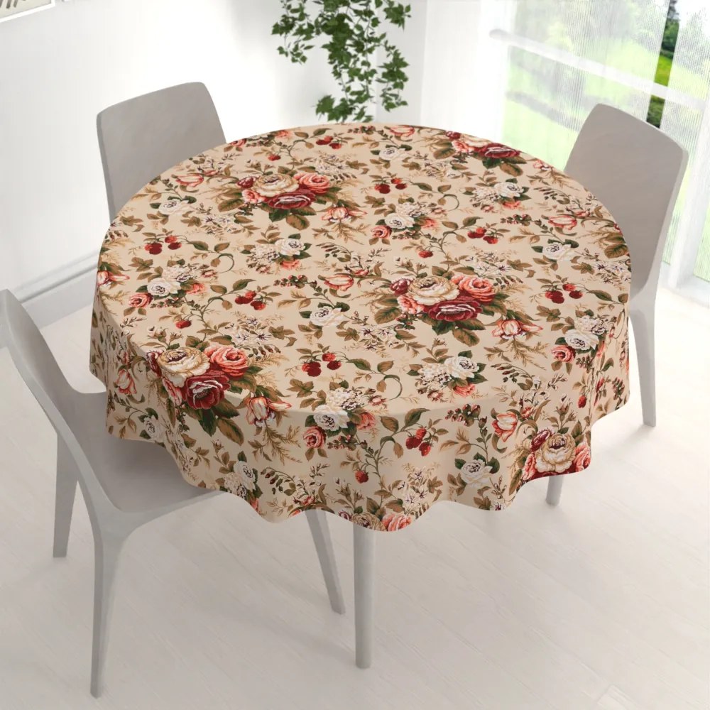 Biante Bavlnený okrúhly obrus Sandra SA-607 Červené ruže na béžovom Ø 50 cm