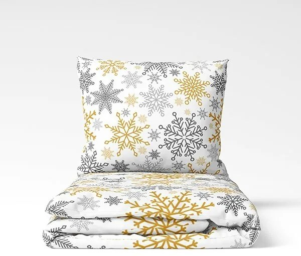 Vianočné bavlnené obliečky Vločky zlaté, 140 x 200 cm, 70 x 90 cm