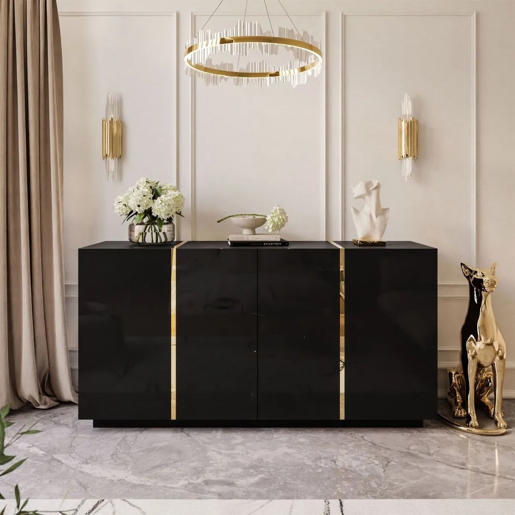 KOMODA SANTINO 4D ČIERNY LESK + ZLATÁ 158 cm