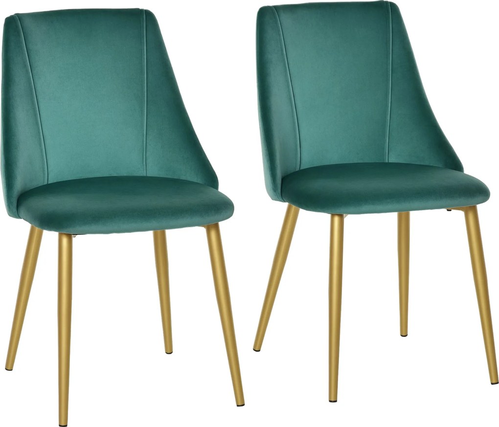 HOMCOM Set 2 moderných čalúnených jedálenských stoličiek s operadlom, kovové nohy do kuchyne, obývačky alebo lounge v modernom štýle, Zelené, 50x56,5x