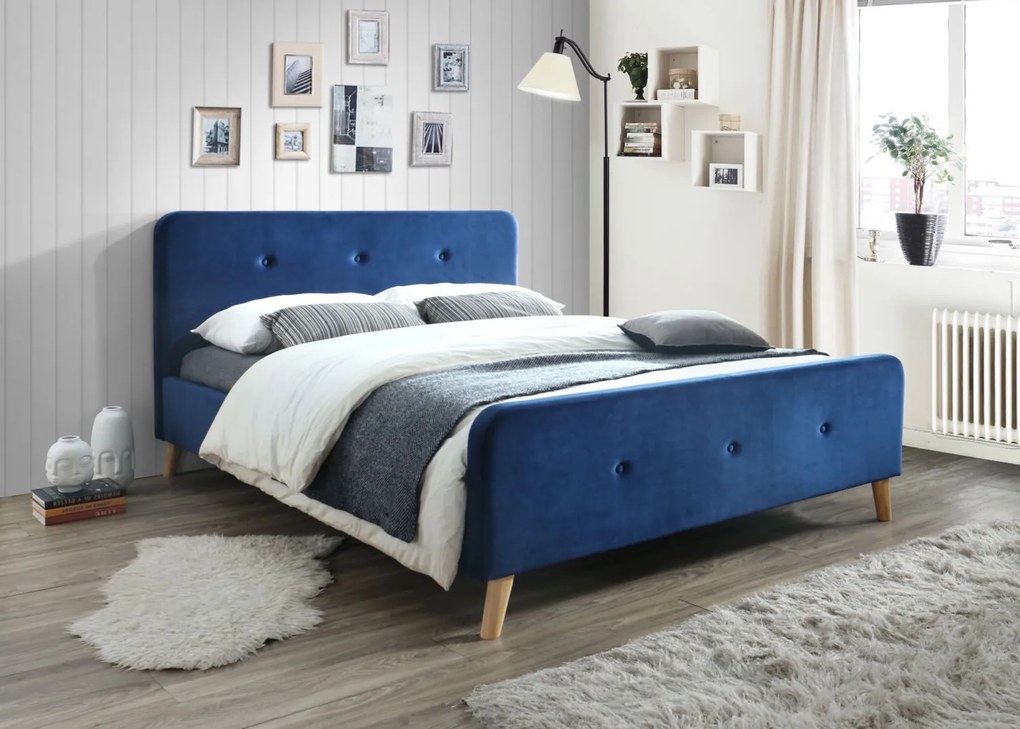 Modrá čalúnená postel MALMO VELVET 160 x 200 CM Matrac: Matrac COCO MAXI 23 cm