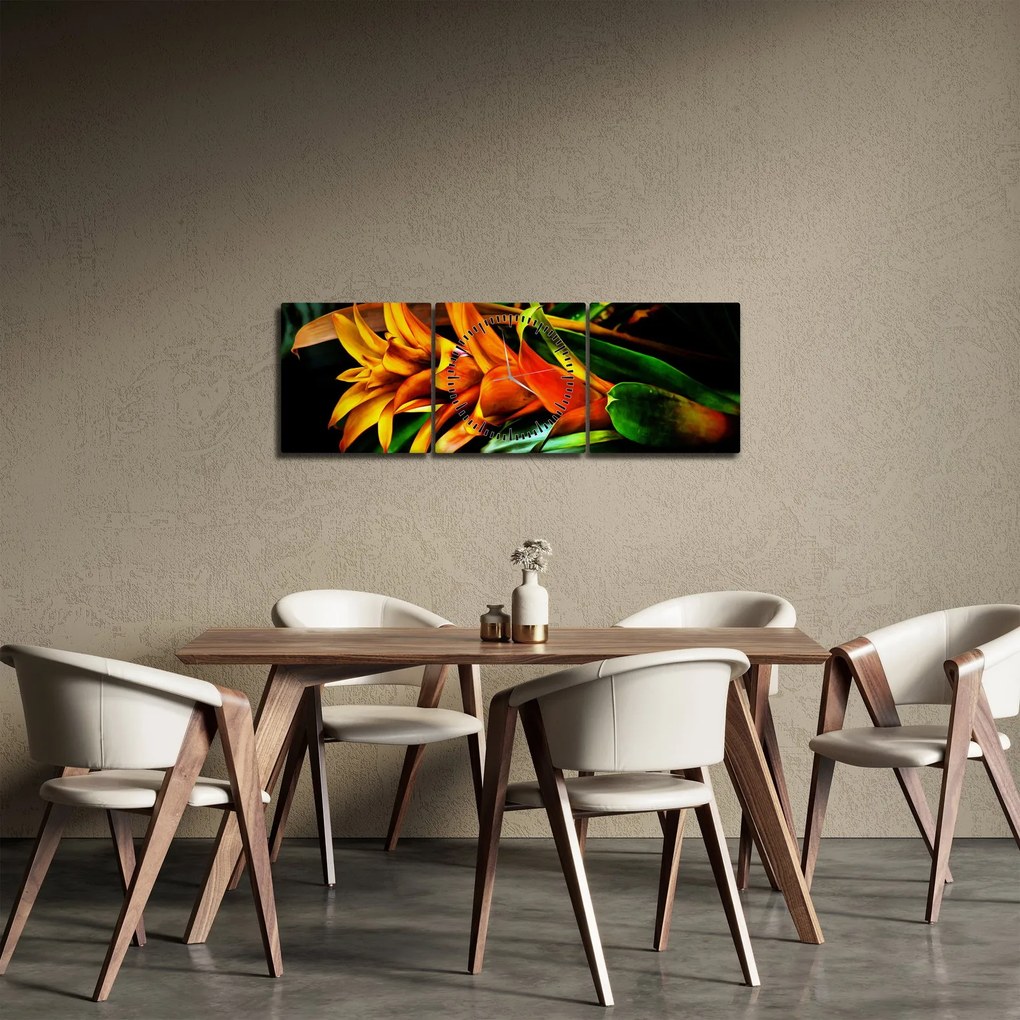 Obraz oranžovej kytice (s hodinami) (90x30 cm)