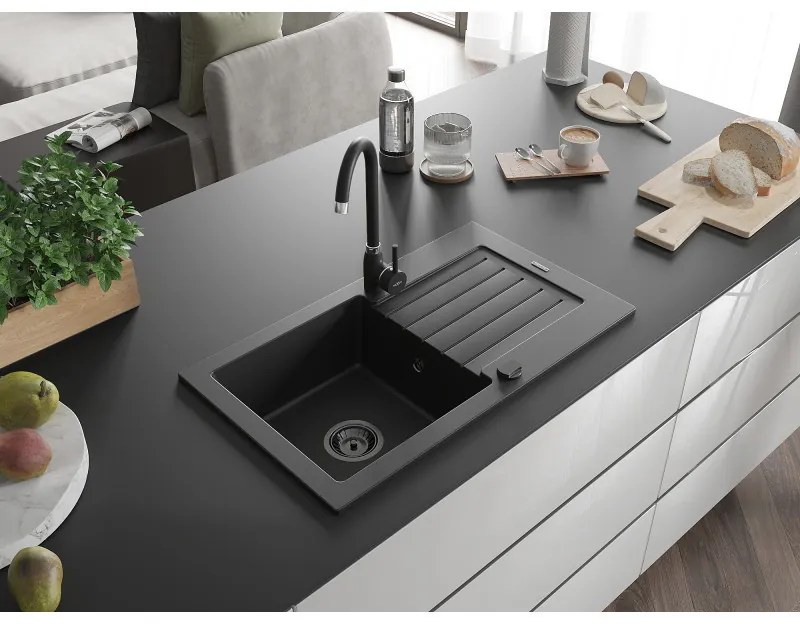 Mexen Pablo, granitový drez 752x436x161 mm, 1-komorový a čierna batéria Telma, čierna, 6510-77-670200-70-B