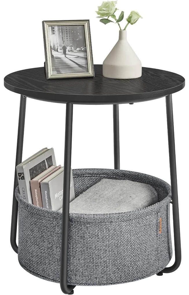 Malý okrúhly stolík, príručný stolík s látkovým košom, 45 x 50 cm (Ø x M), čierny