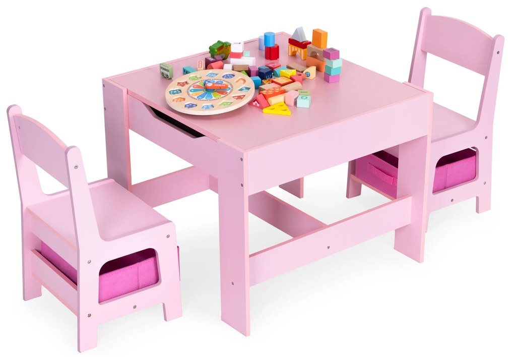 Zostava detského nábytku, stôl + 2 stoličky, kriedová tabuľa, ružová, ECOTOYS