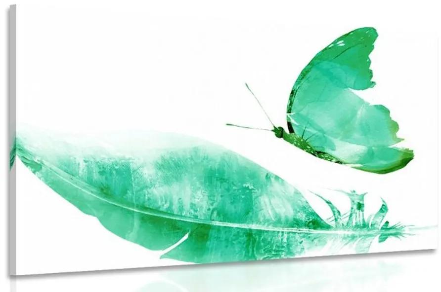 Obraz pierko s motýľom v zelenom prevedení