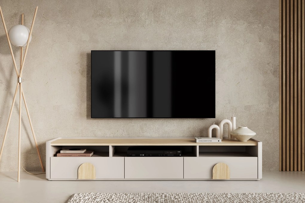 TV stolík Amilio 200 cm so zásuvkami - kašmír / olejovaný dub / úchytky svetlý dub