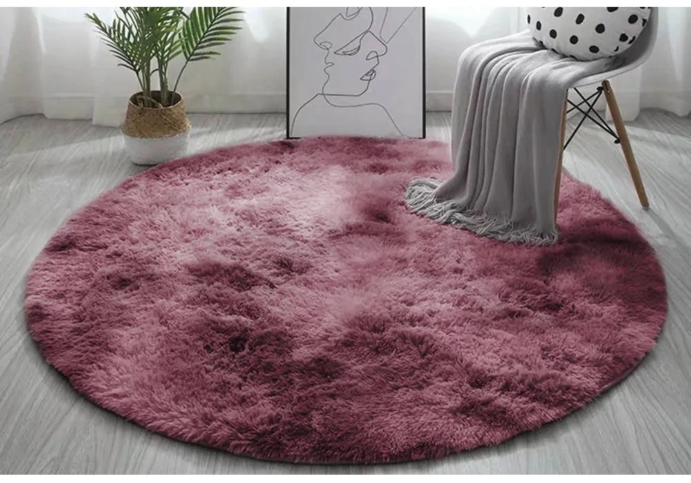 Tmavoružový okrúhly shaggy koberec Ombre Rozmer: 120 cm