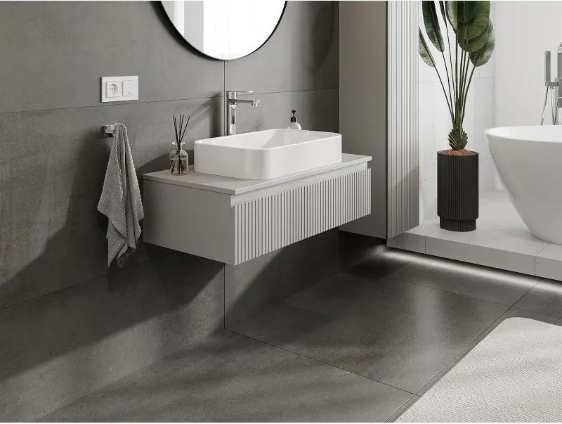 Mexen Rivel, kúpeľňová skrinka 90 cm s pracovnou doskou, 1 zásuvka, drážkovaná, matná sivá, 91A20-09023-1-BFC62