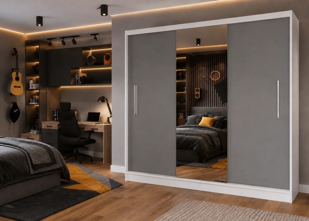 Šatníková skriňa s posuvnými dverami 232 cm so zrkadlom sivá matná MES PRIMO SZP4/2/1W/2SR1L/0/AL