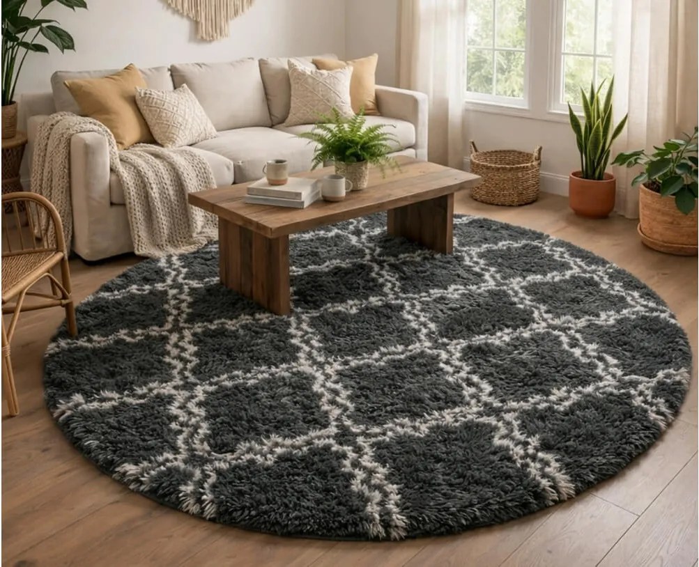 TZ Tmavosivý okrúhly vzorovaný koberec shaggy Decor Latern Rozmer: 140 cm