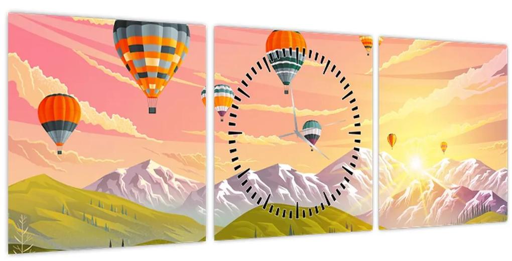 Obraz balónov nad krajinou (s hodinami) (90x30 cm)
