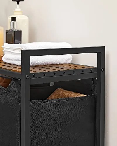 Kôš na bielizeň s policou BERGEN, 3x38l, čierna/hnedá SongmicsHome