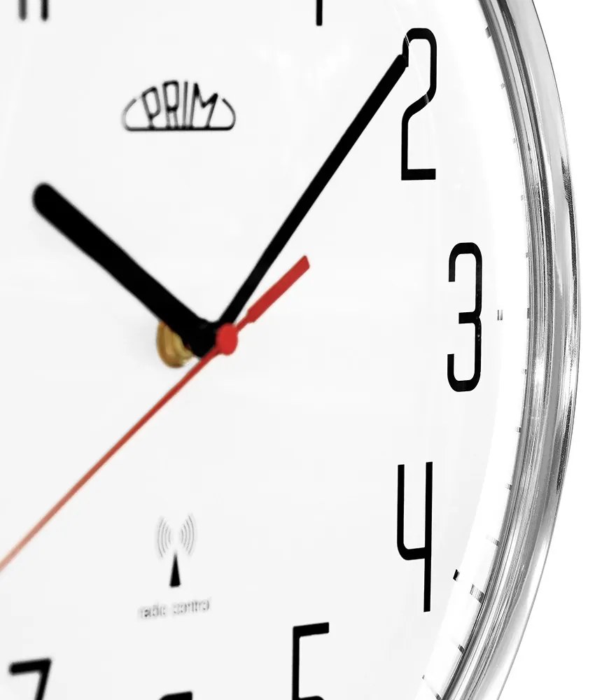 Plastové hodiny biele/lesklé strieborné PRIM Radio ∅ 292 × 48 mm