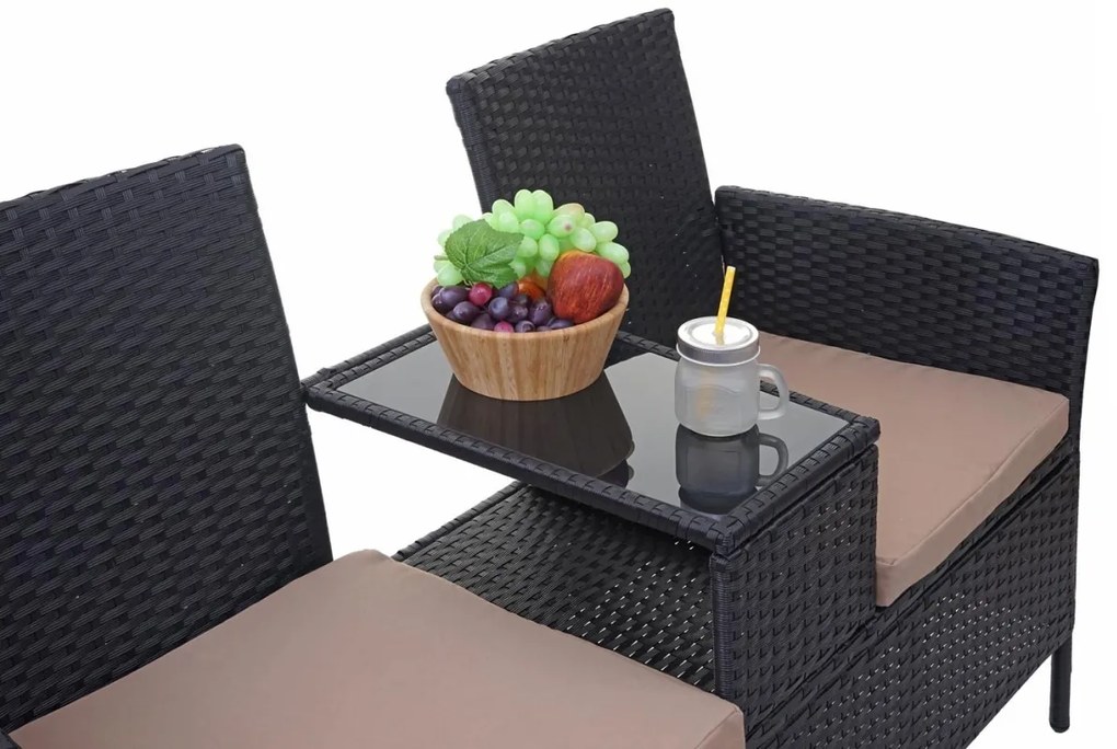 Záhradná lavica so stolíkom E24 - umelý ratan, 132cm - Čierna, sedáky krémová