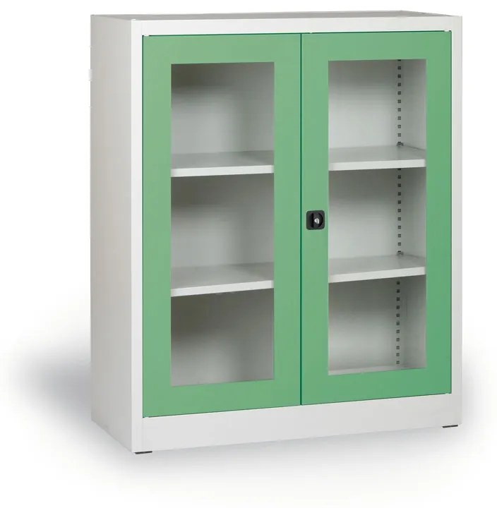 Dielenská policová skriňa s presklenými dverami, 1150 x 920 x 400 mm, sivá/zelená