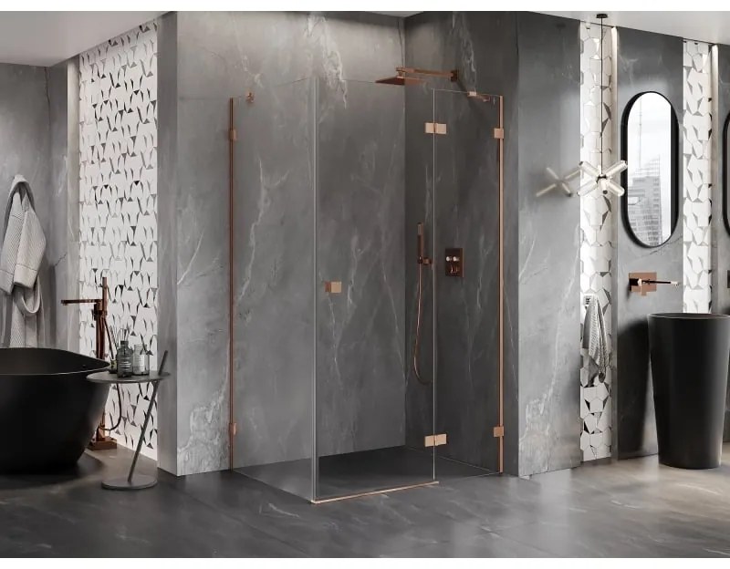 Mexen Lunar, pravostranný výklopný sprchový kút 90 x 70 cm, 8mm číre sklo, profil medená matná, 834-090-070-65-00-P