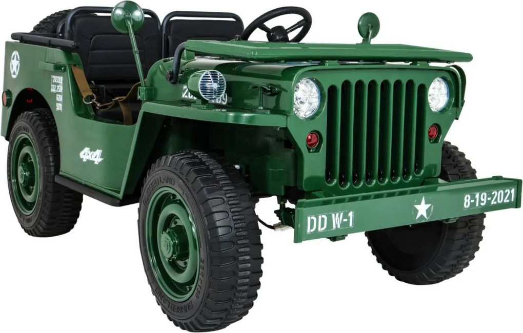 Ramiz Retro silné vojenské auto pre 3 deti Zelené + pohon 4x4 + úložné priestory + EVA + pomalý štart + MP3 LED