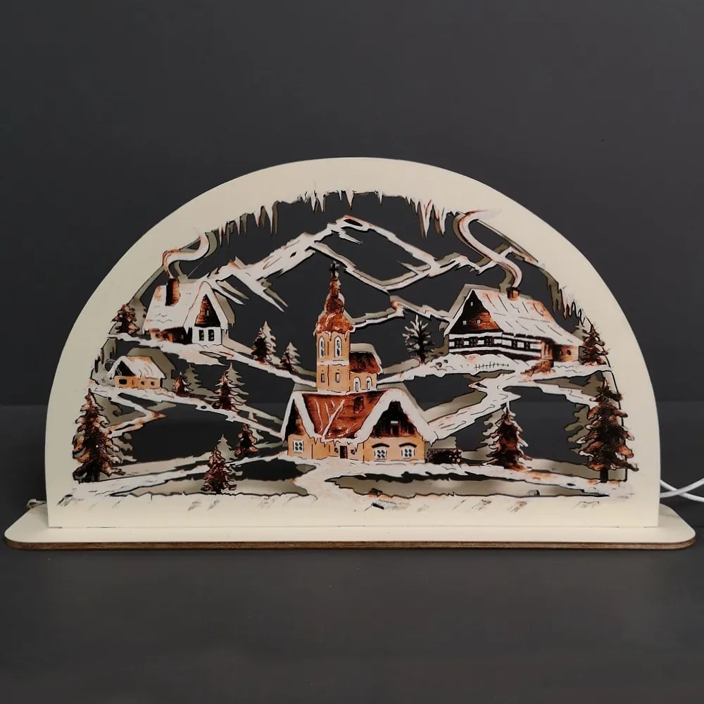 AMADEA Drevený svietiaci portál s motívom dedinky, sépiový, 38 cm