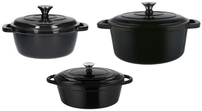 Silvercrest® Liatinový hrniec, 2,8 l, čierny + Liatinový hrniec, 5,6 l, čierny + Liatinový pekáč, 4,8 l, čierny (800011484)