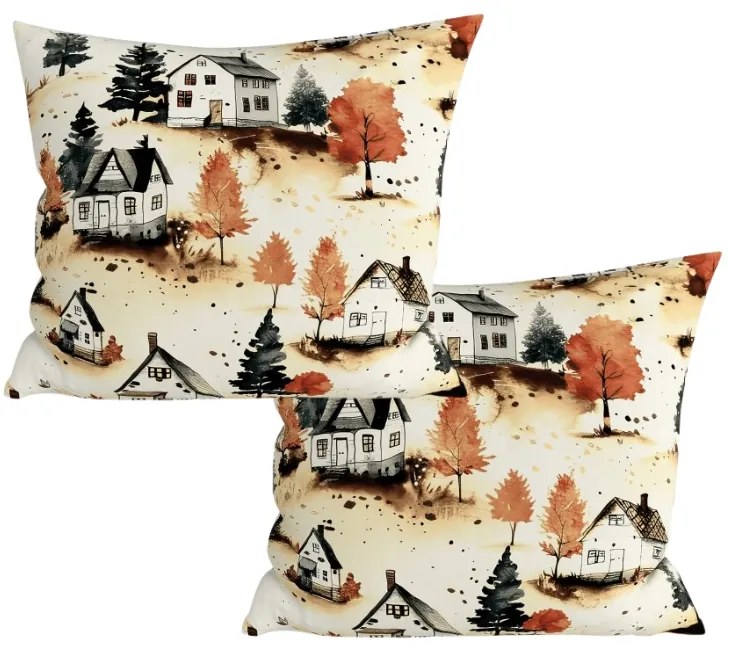 Sada 2 ks dekoračných poťahov na vankúš AUTUMN VILLAGE 45x45 cm, farebná