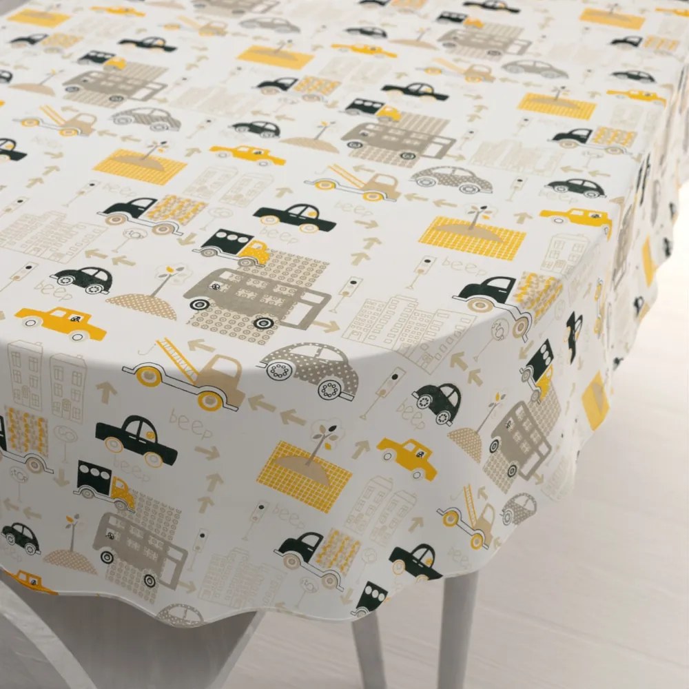Biante Detský bavlnený oválny obrus Sandra SA-672 Žlté a sivohnedé autá v meste na bielom 140x220 cm