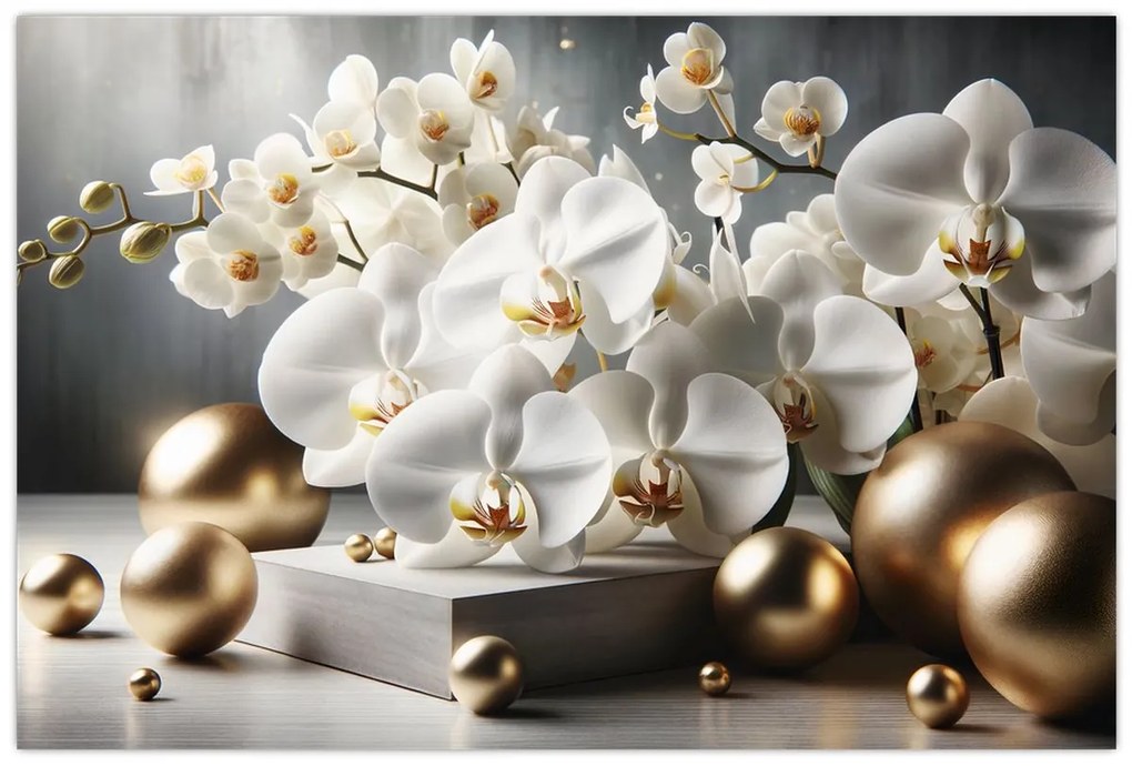 Obraz - Orchidea a zlaté gule (90x60 cm)